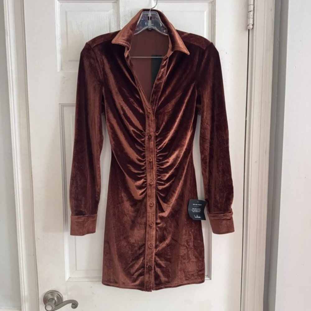 NWT's‎ Lulu's Mini Dress Womens XS Button Up Ruched Velvet Night Out Brown